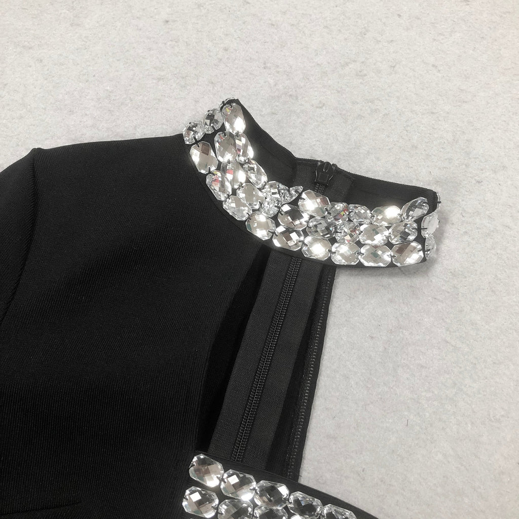Crystal Embellished One-Sleeve Cut-Out Maxi Dress in black Avalabel