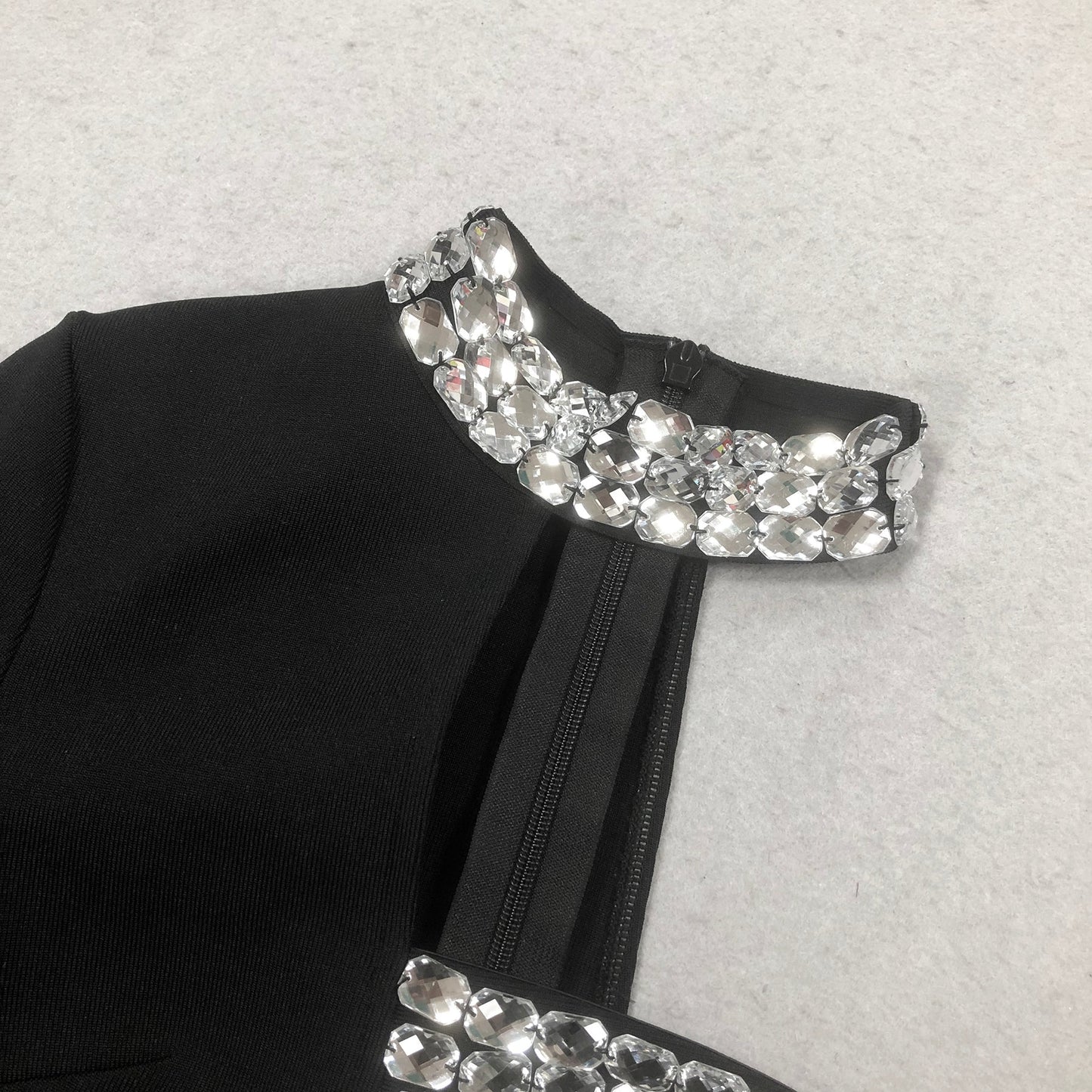 Crystal Embellished One-Sleeve Cut-Out Maxi Dress in black