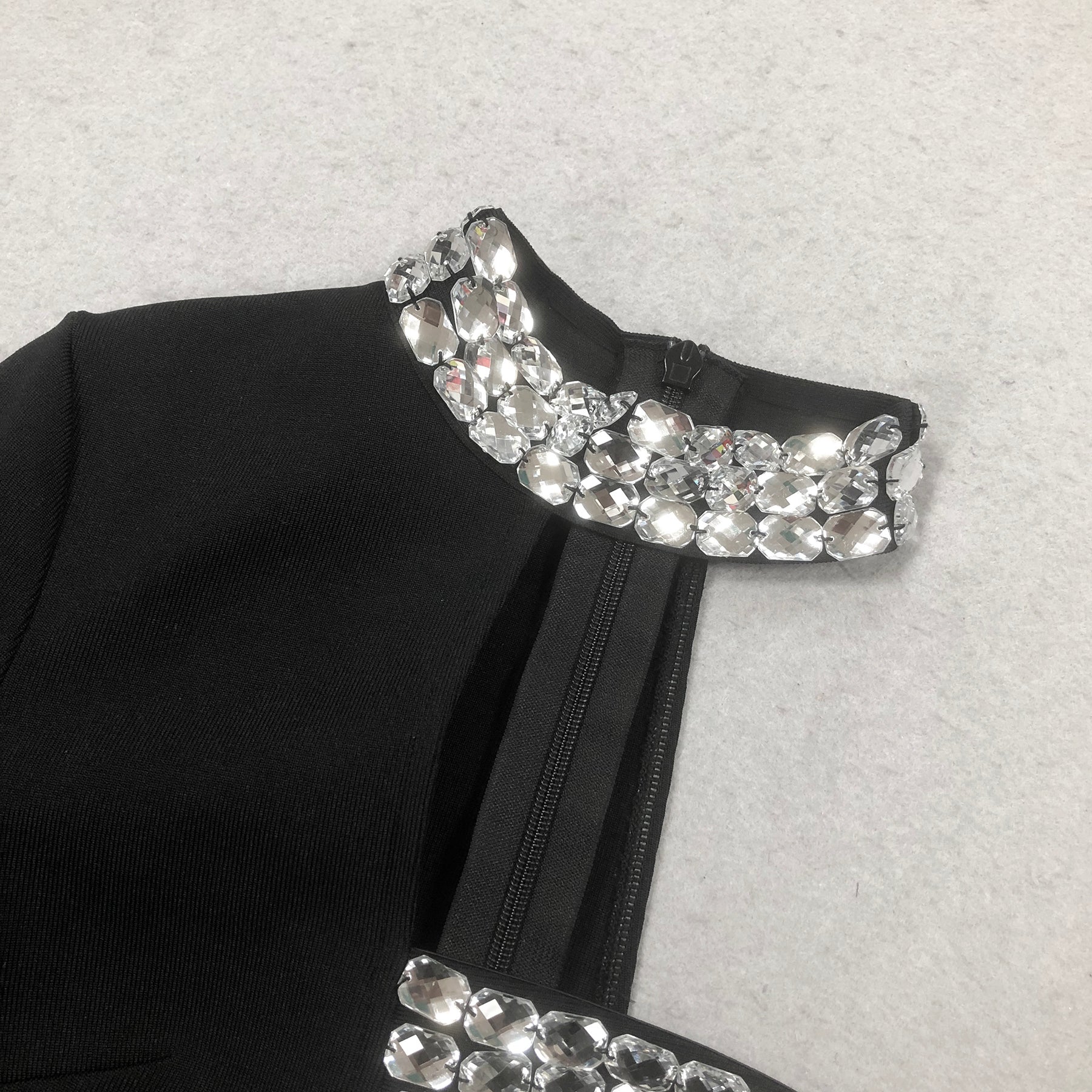 Crystal Embellished One-Sleeve Cut-Out Maxi Dress in black Avalabel