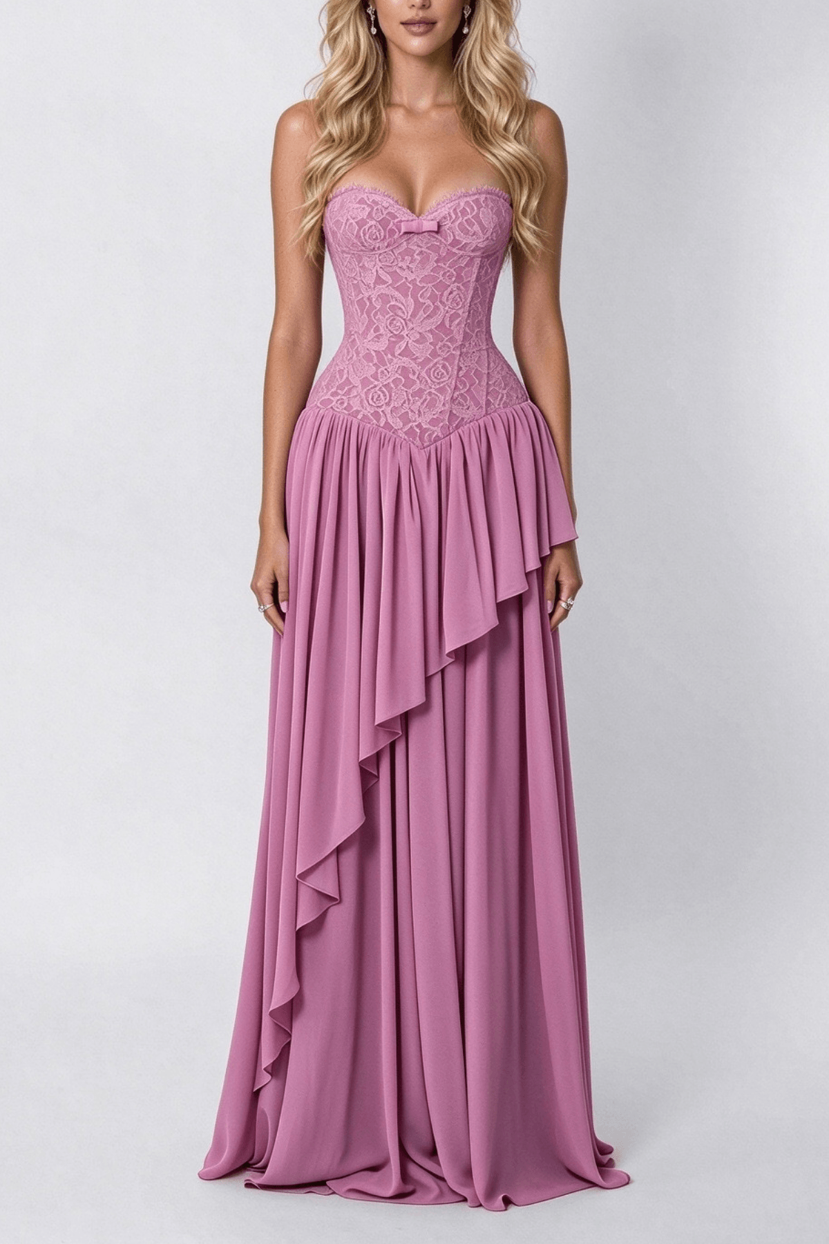 Strapless Pink Lace Corset Ruffled Maxi Dress Avalabel