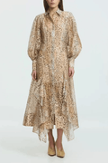 Print Puff Sleeve Asymmetrical Ruffle Midi Dress Avalabel