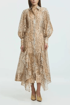 Print Puff Sleeve Asymmetrical Ruffle Midi Dress Avalabel