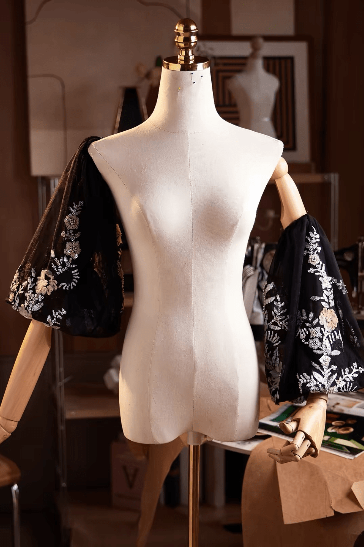 Black Floral Embroidered Detachable Puff Sleeves Avalabel