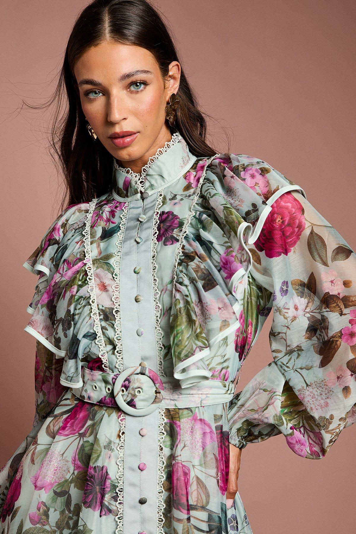 Green Long Sleeve Printed Organza Shirt Midi Dress Avalabel