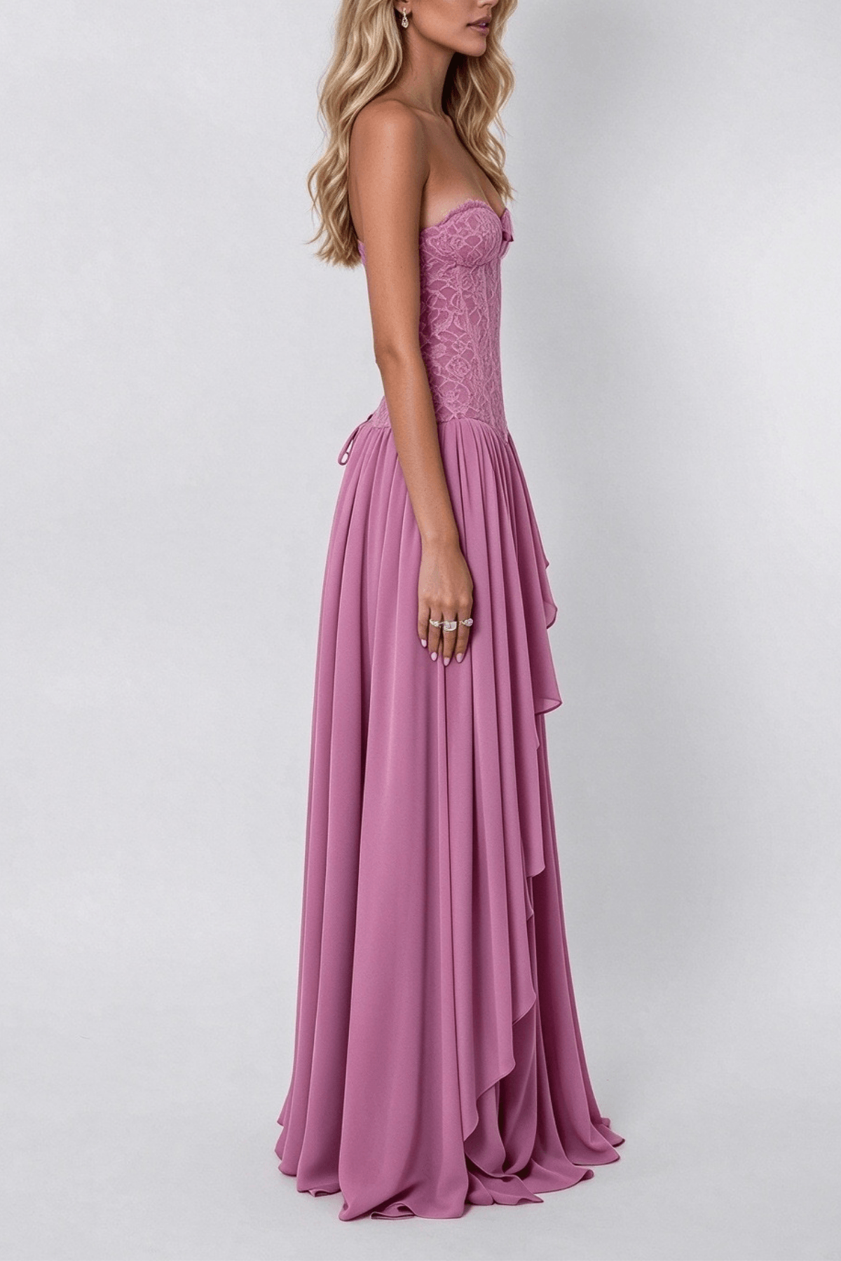 Strapless Pink Lace Corset Ruffled Maxi Dress Avalabel