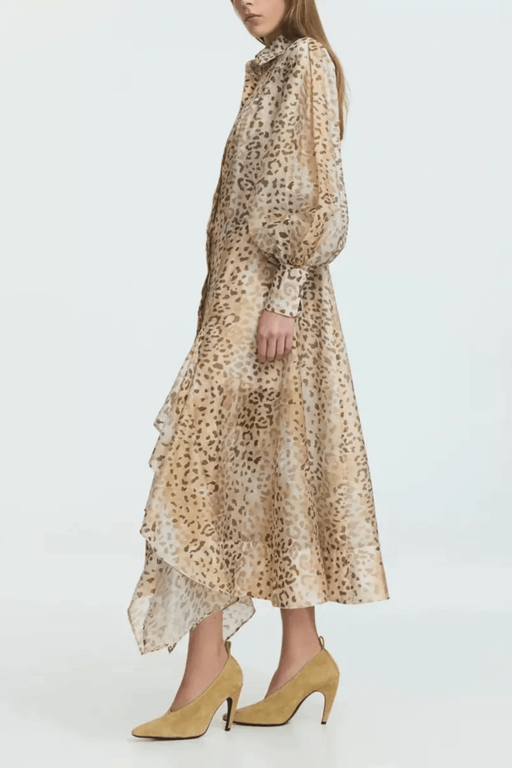 Print Puff Sleeve Asymmetrical Ruffle Midi Dress Avalabel