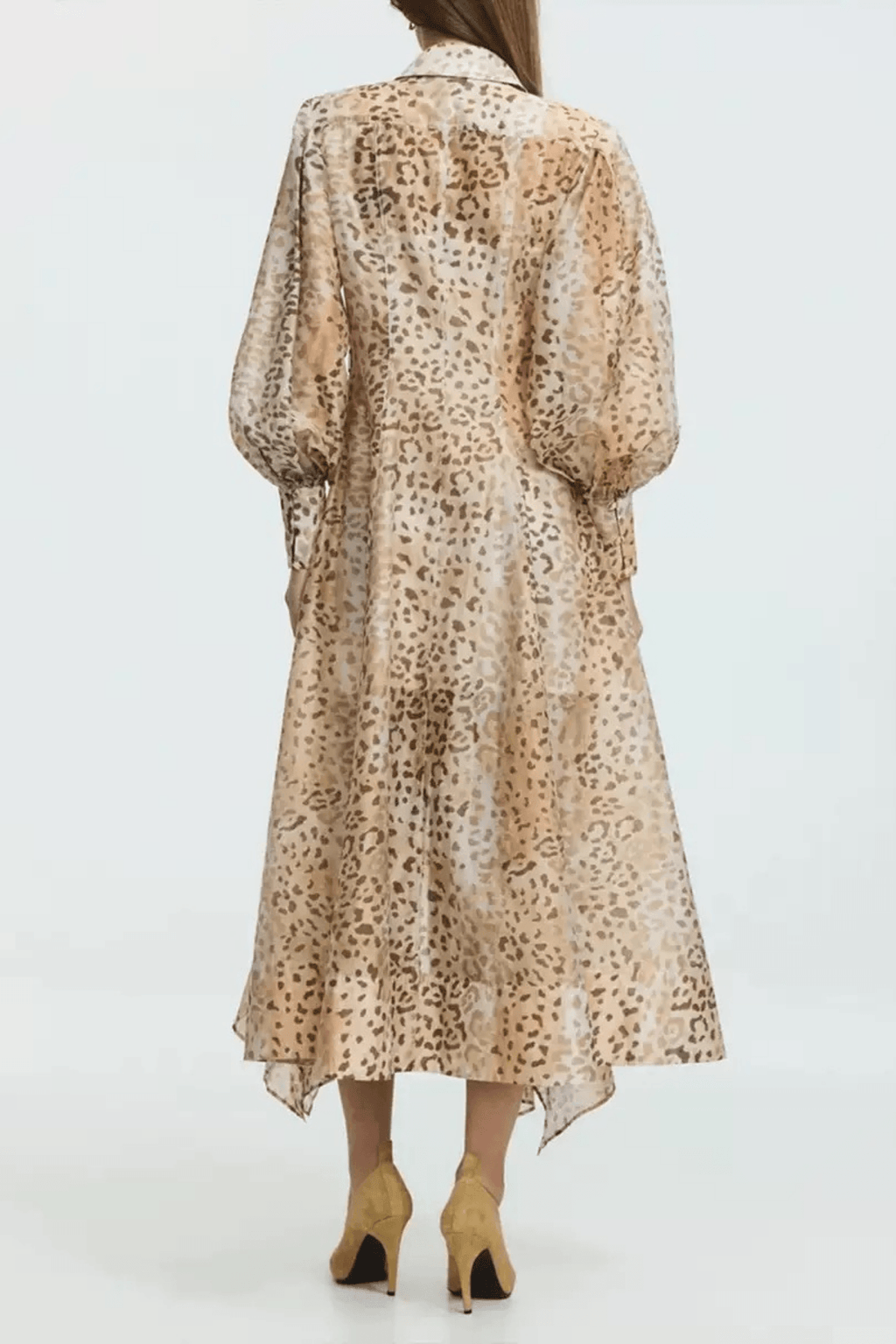 Print Puff Sleeve Asymmetrical Ruffle Midi Dress Avalabel