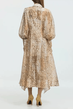 Print Puff Sleeve Asymmetrical Ruffle Midi Dress Avalabel