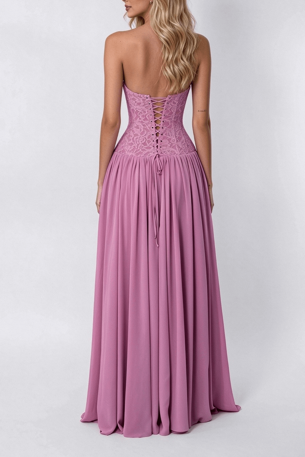 Strapless Pink Lace Corset Ruffled Maxi Dress Avalabel