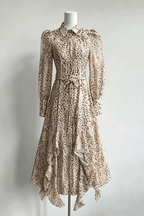 Print Puff Sleeve Asymmetrical Ruffle Midi Dress Avalabel