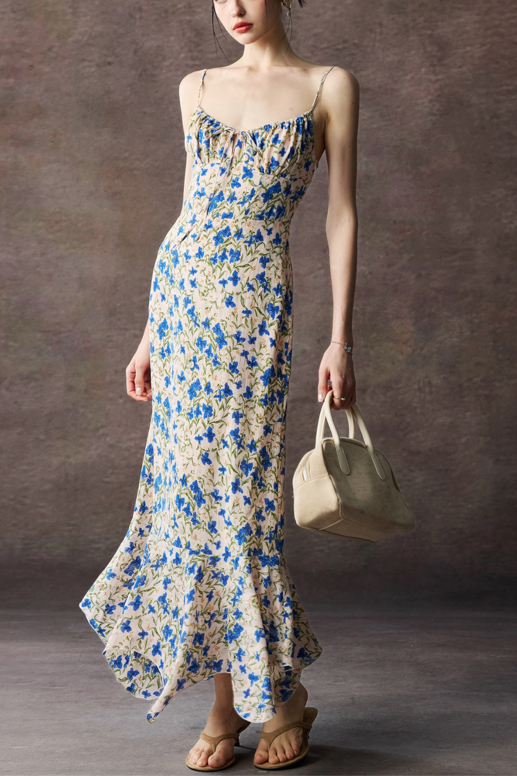 Blue Floral Spaghetti Strap Tie Front Mermaid Maxi Dress Avalabel