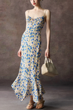 Blue Floral Spaghetti Strap Tie Front Mermaid Maxi Dress Avalabel