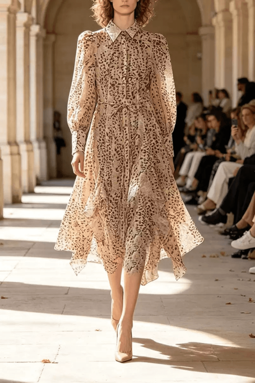 Print Puff Sleeve Asymmetrical Ruffle Midi Dress Avalabel