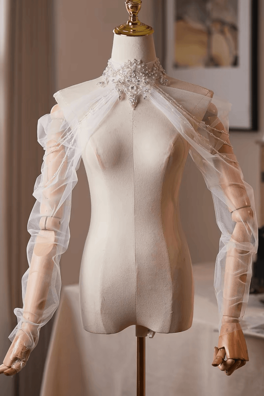 White High Neck Beaded Crystal Sheer Tulle Detachable Sleeves Avalabel