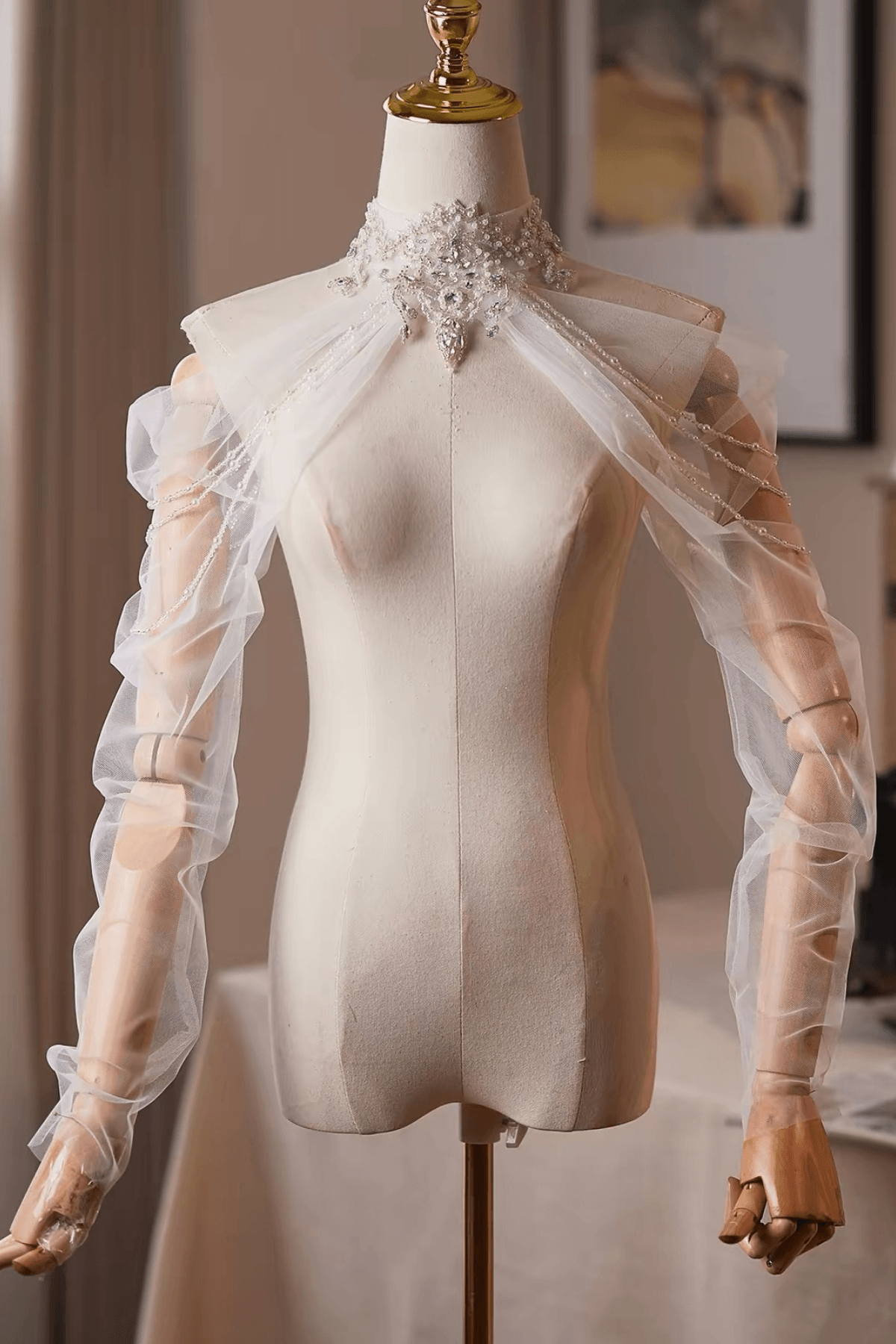White High Neck Beaded Crystal Sheer Tulle Detachable Sleeves Avalabel