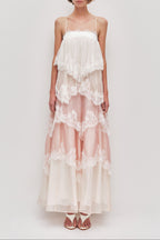 Flowy Spaghetti Strap Tiered Lace Trim Maxi Dress Avalabel