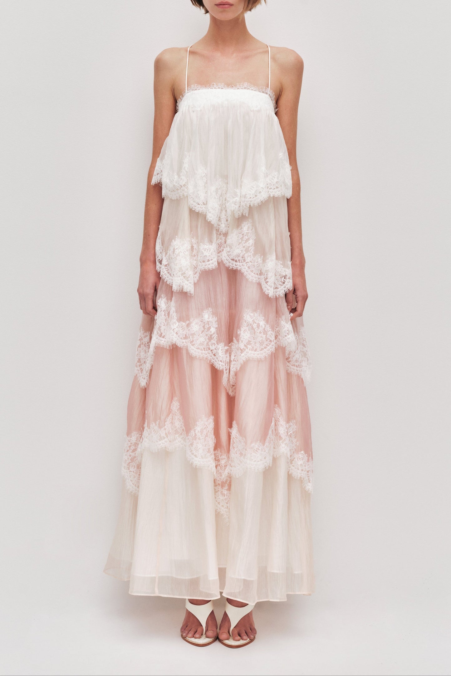 Flowy Spaghetti Strap Tiered Lace Trim Maxi Dress Avalabel