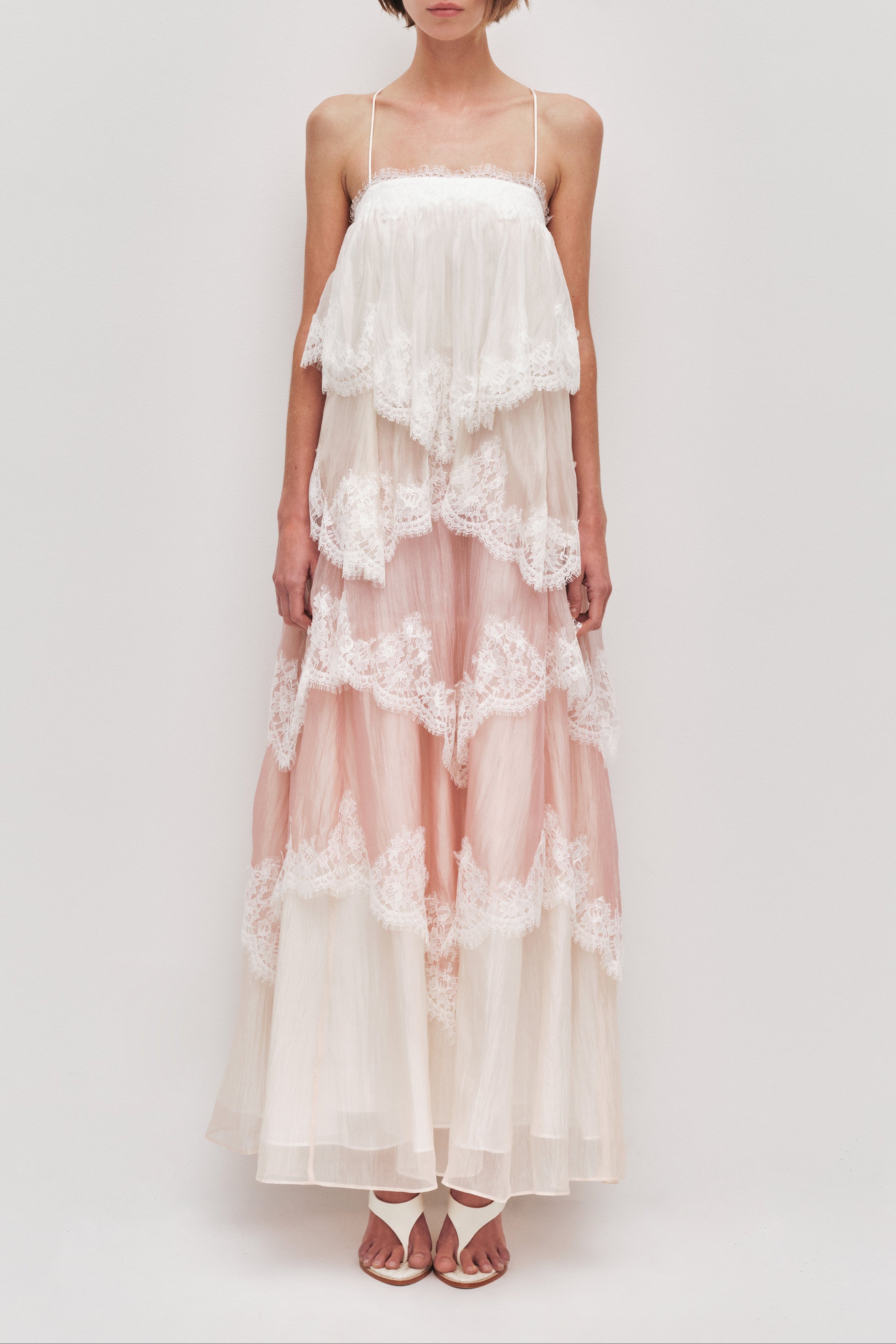 Flowy Spaghetti Strap Tiered Lace Trim Maxi Dress Avalabel