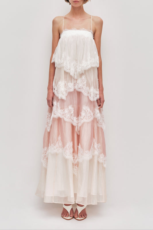 Flowy Spaghetti Strap Tiered Lace Trim Maxi Dress