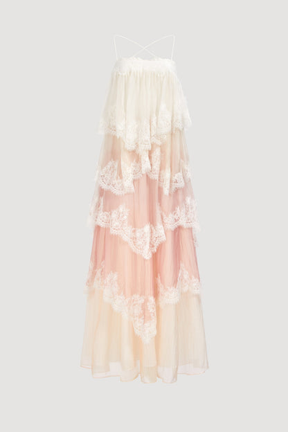 Flowy Spaghetti Strap Tiered Lace Trim Maxi Dress Avalabel