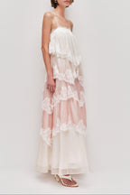 Flowy Spaghetti Strap Tiered Lace Trim Maxi Dress Avalabel