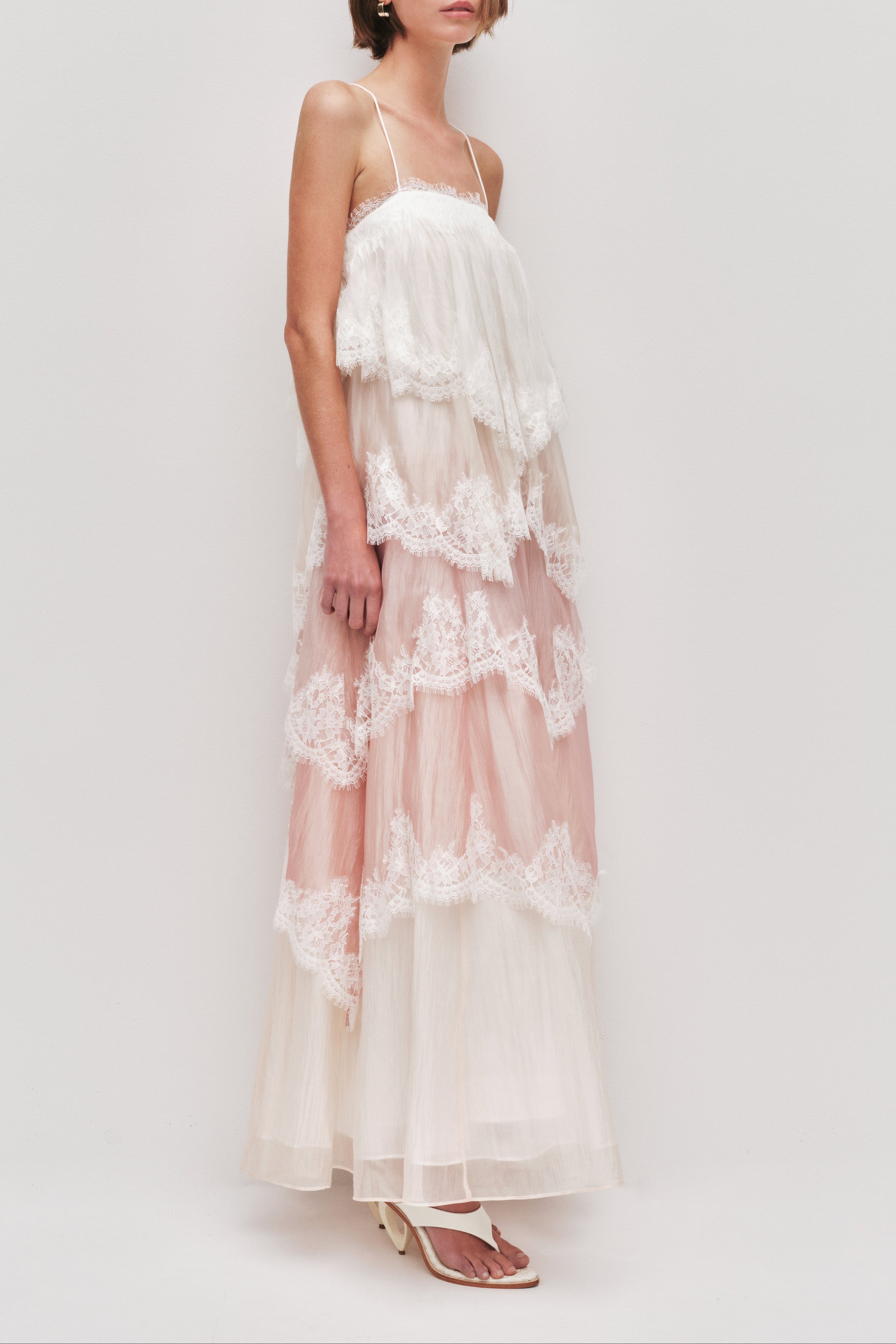 Flowy Spaghetti Strap Tiered Lace Trim Maxi Dress Avalabel