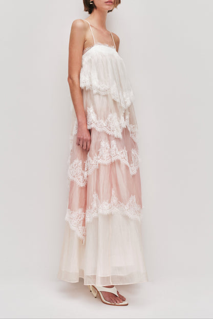Flowy Spaghetti Strap Tiered Lace Trim Maxi Dress Avalabel