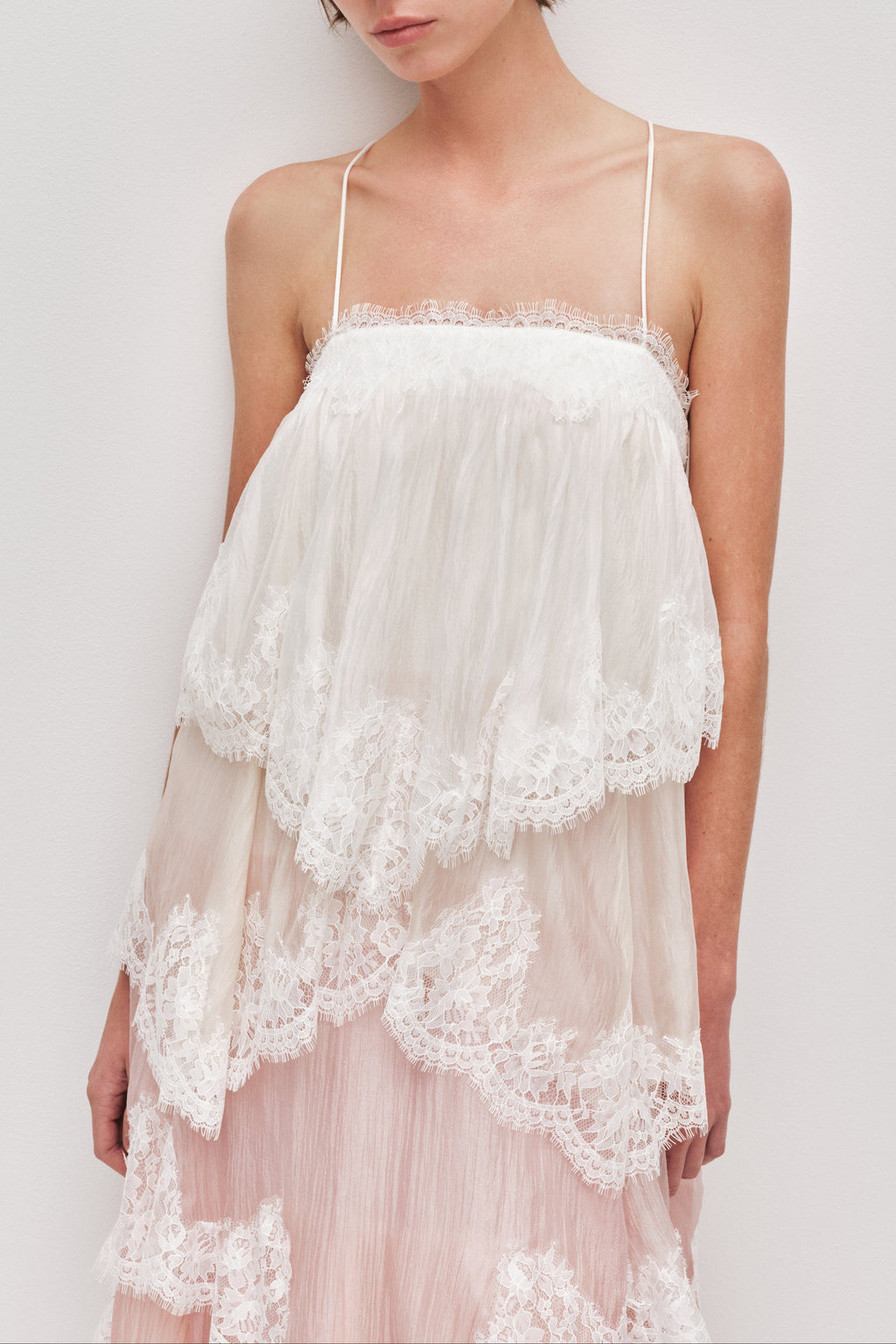 Flowy Spaghetti Strap Tiered Lace Trim Maxi Dress Avalabel