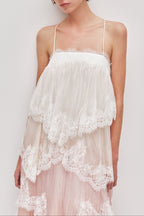Flowy Spaghetti Strap Tiered Lace Trim Maxi Dress Avalabel