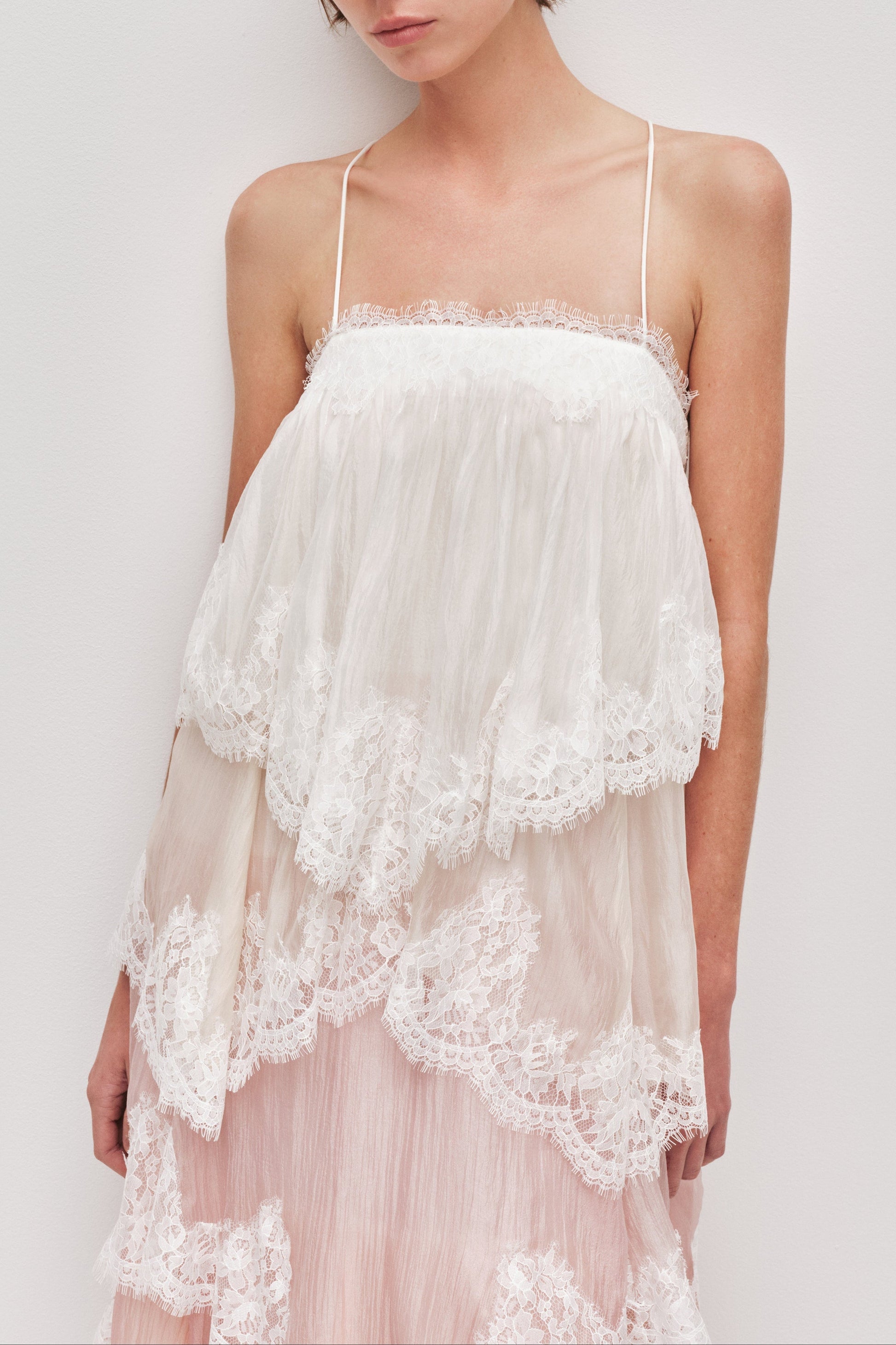 Flowy Spaghetti Strap Tiered Lace Trim Maxi Dress Avalabel