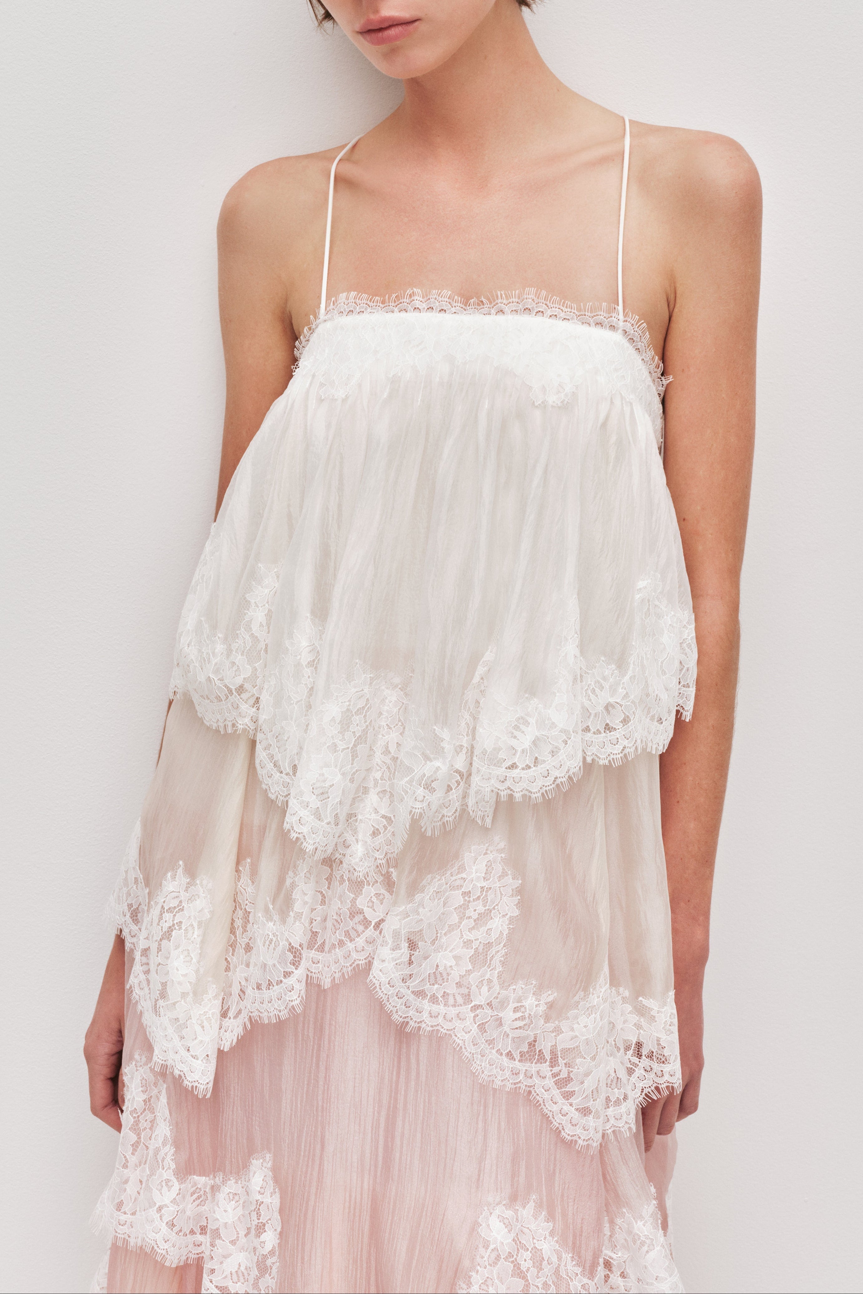 Flowy Spaghetti Strap Tiered Lace Trim Maxi Dress Avalabel