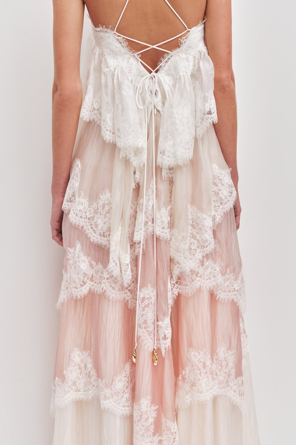 Flowy Spaghetti Strap Tiered Lace Trim Maxi Dress Avalabel