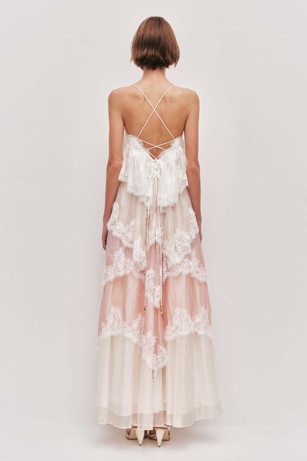 Flowy Spaghetti Strap Tiered Lace Trim Maxi Dress Avalabel