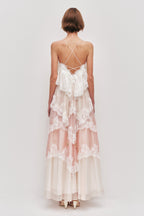 Flowy Spaghetti Strap Tiered Lace Trim Maxi Dress Avalabel