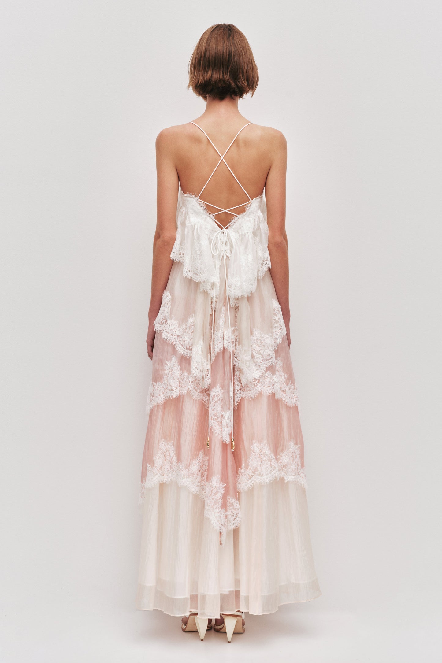 Flowy Spaghetti Strap Tiered Lace Trim Maxi Dress Avalabel