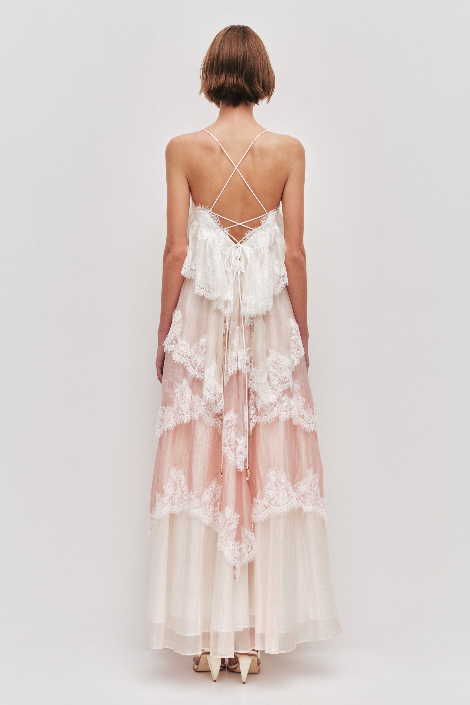 Flowy Spaghetti Strap Tiered Lace Trim Maxi Dress Avalabel