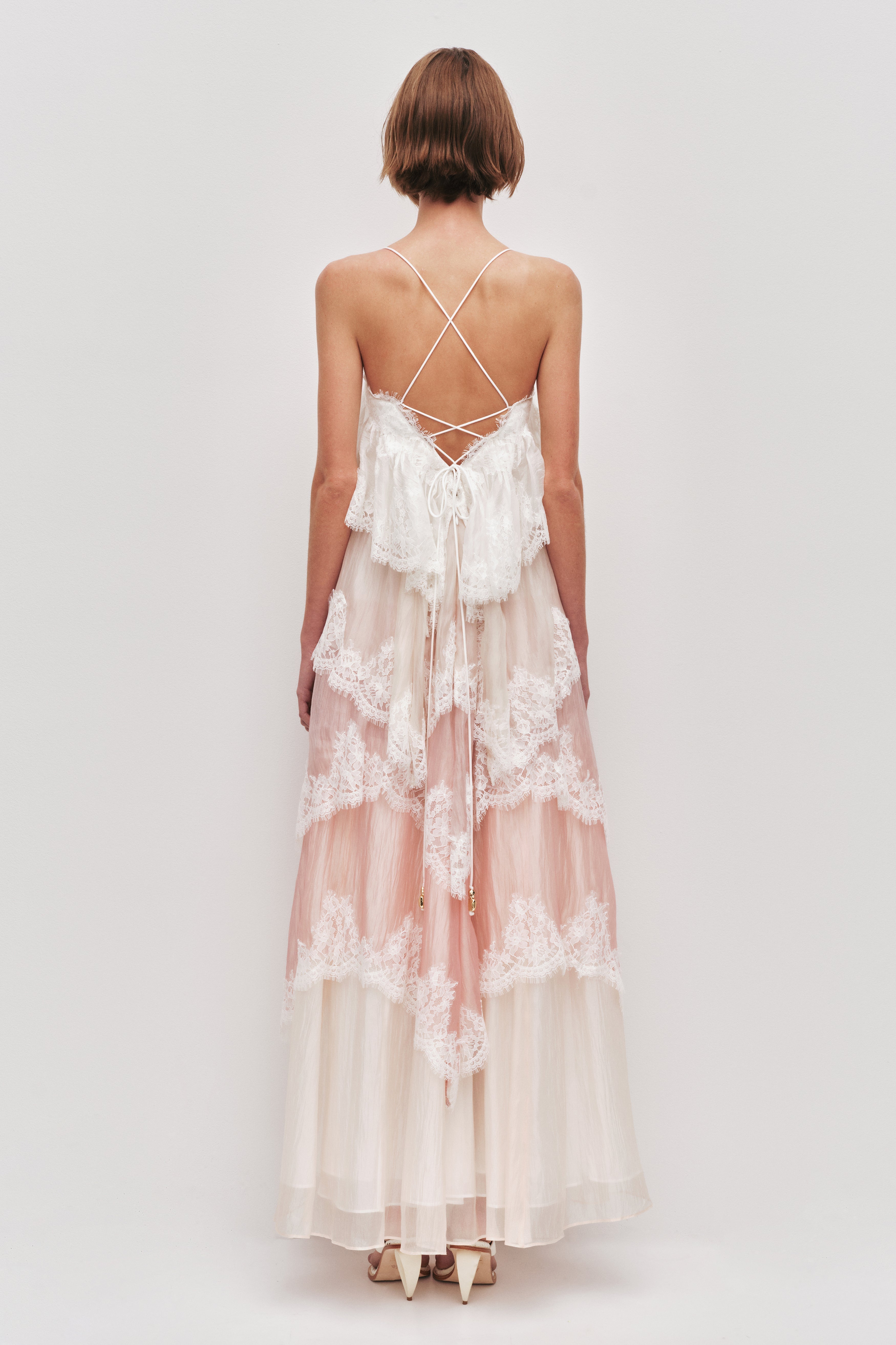 Flowy Spaghetti Strap Tiered Lace Trim Maxi Dress Avalabel