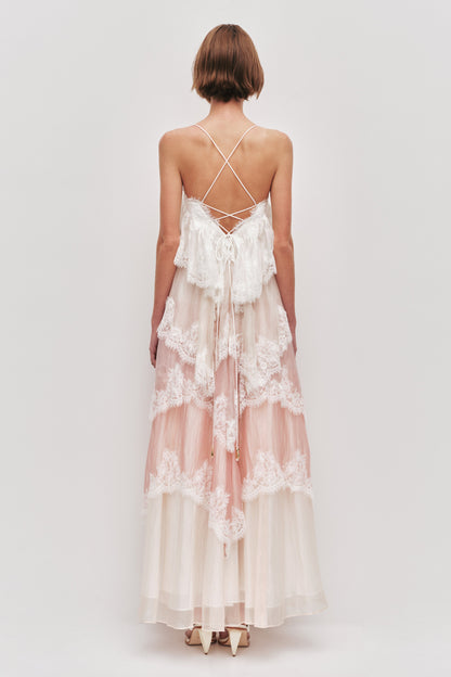 Flowy Spaghetti Strap Tiered Lace Trim Maxi Dress Avalabel