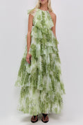 Claire Green Floral Print Pleated Layer Maxi Dress Avalabel