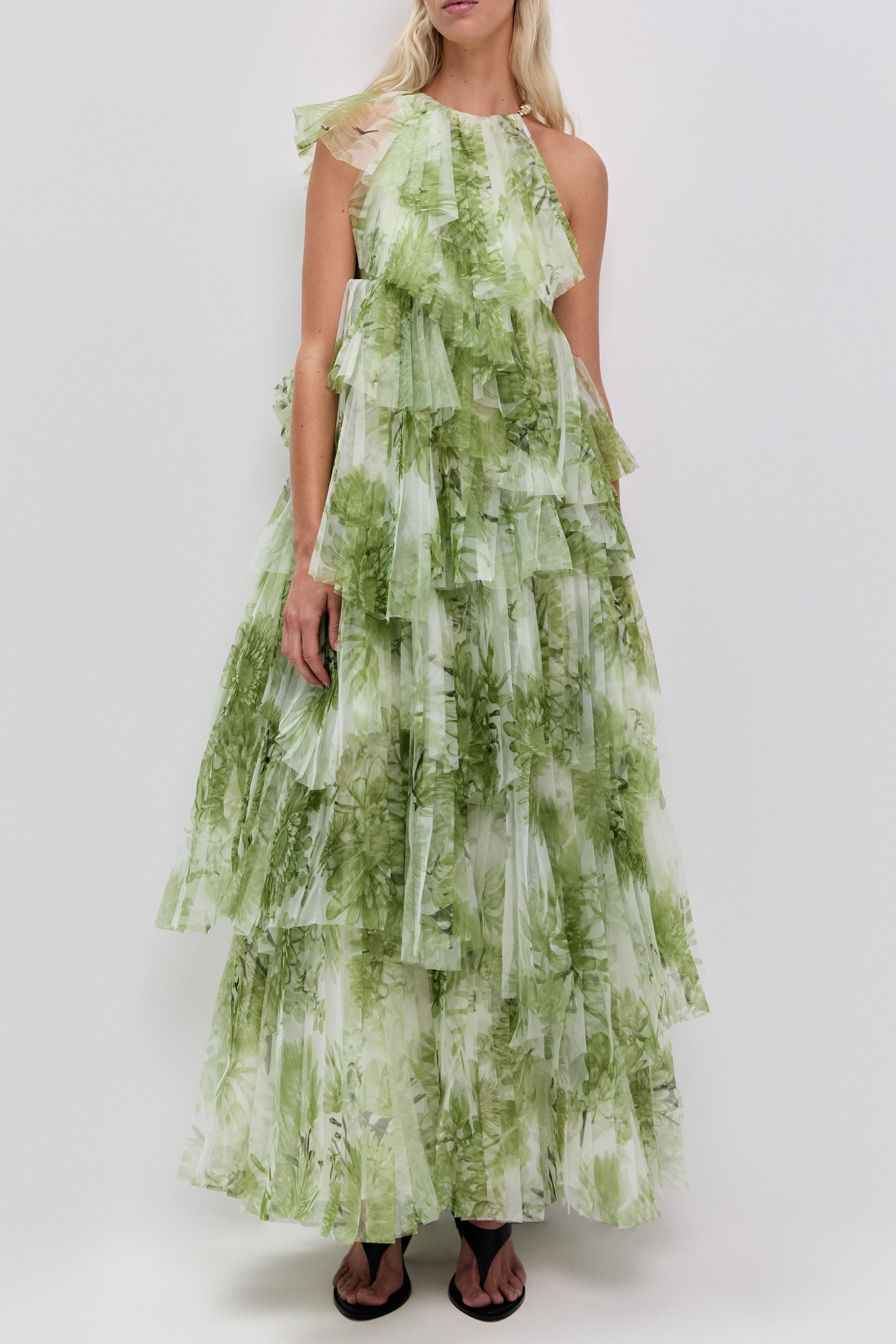 Claire Green Floral Print Pleated Layer Maxi Dress Avalabel