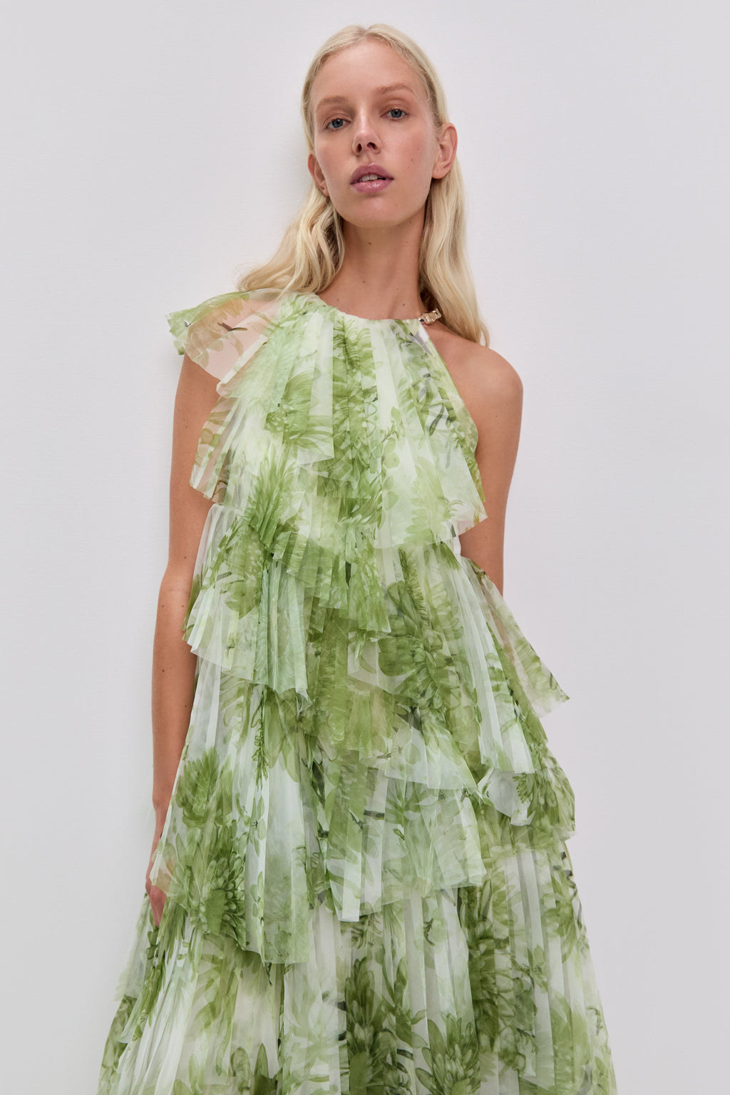 Claire Green Floral Print Pleated Layer Maxi Dress Avalabel