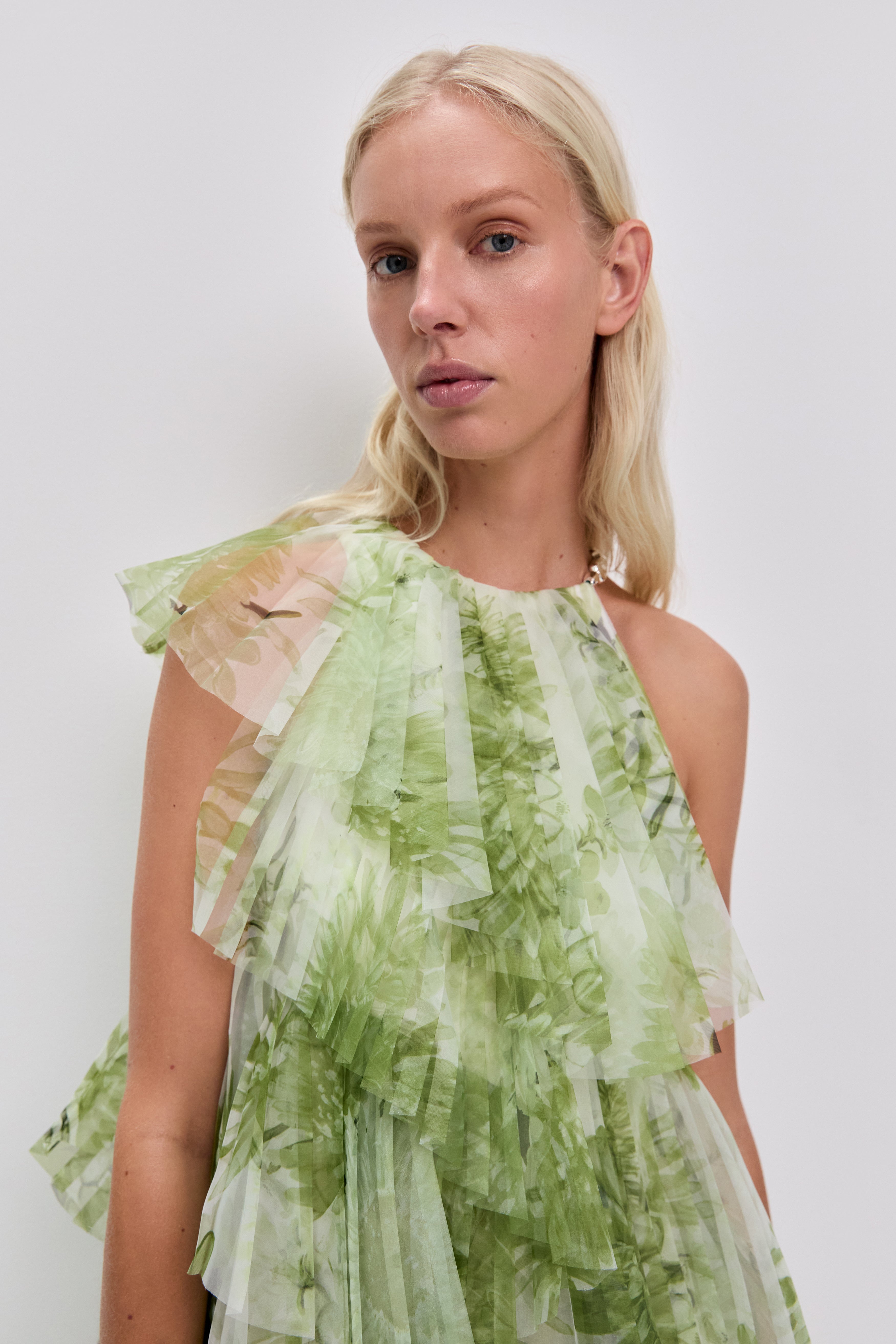 Claire Green Floral Print Pleated Layer Maxi Dress Avalabel