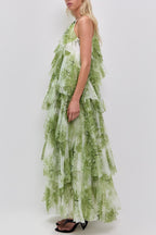 Claire Green Floral Print Pleated Layer Maxi Dress Avalabel