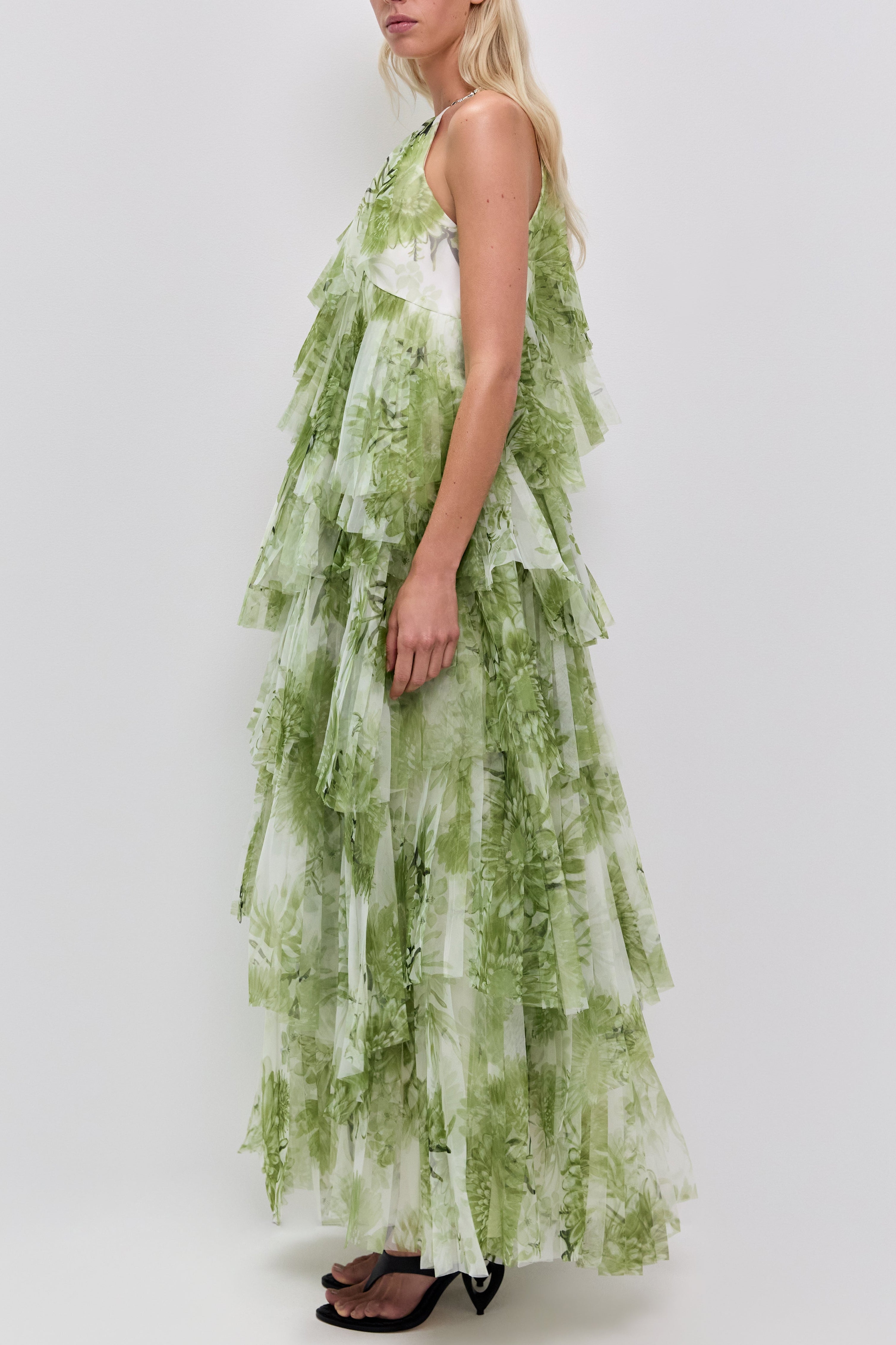 Claire Green Floral Print Pleated Layer Maxi Dress Avalabel