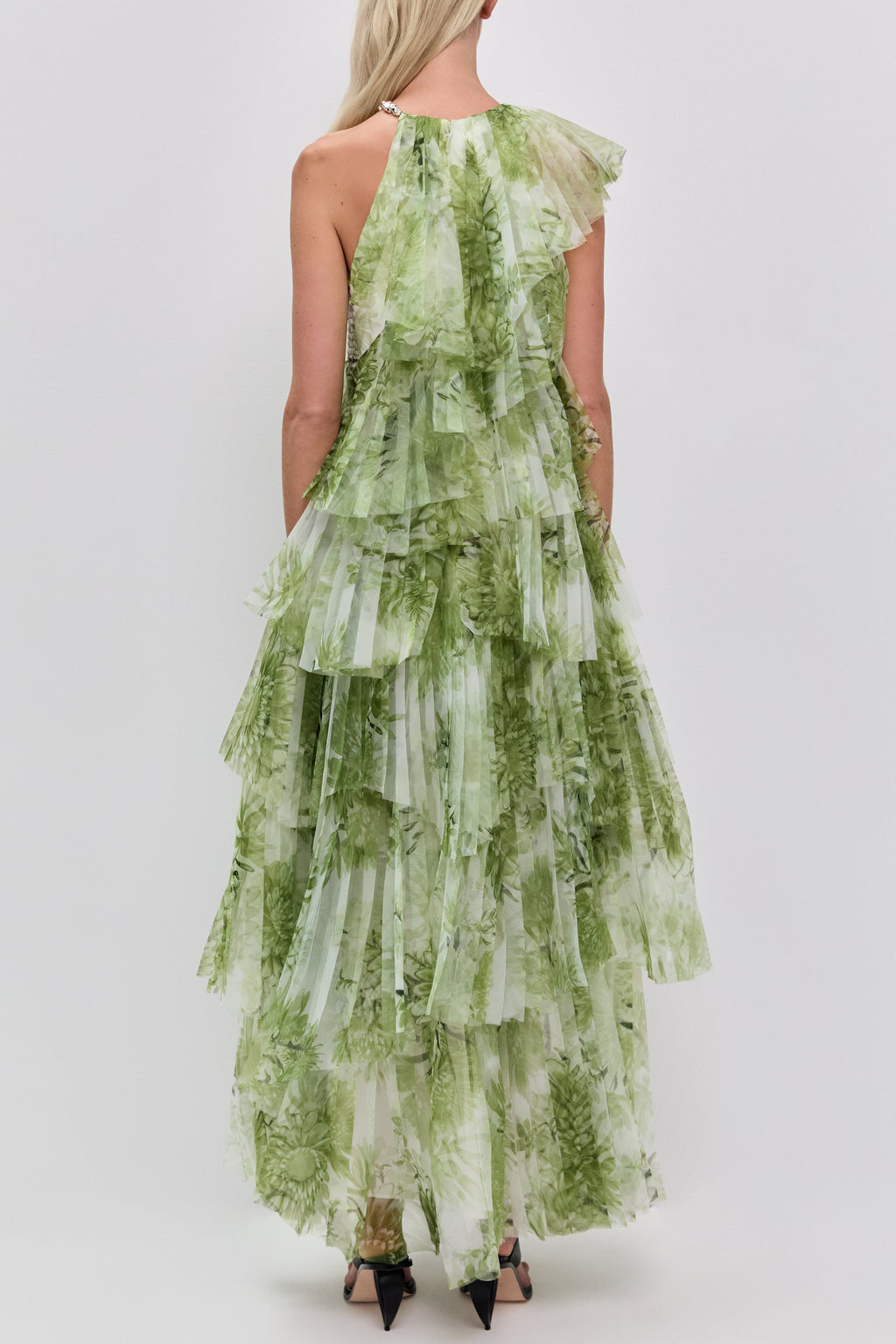 Claire Green Floral Print Pleated Layer Maxi Dress Avalabel
