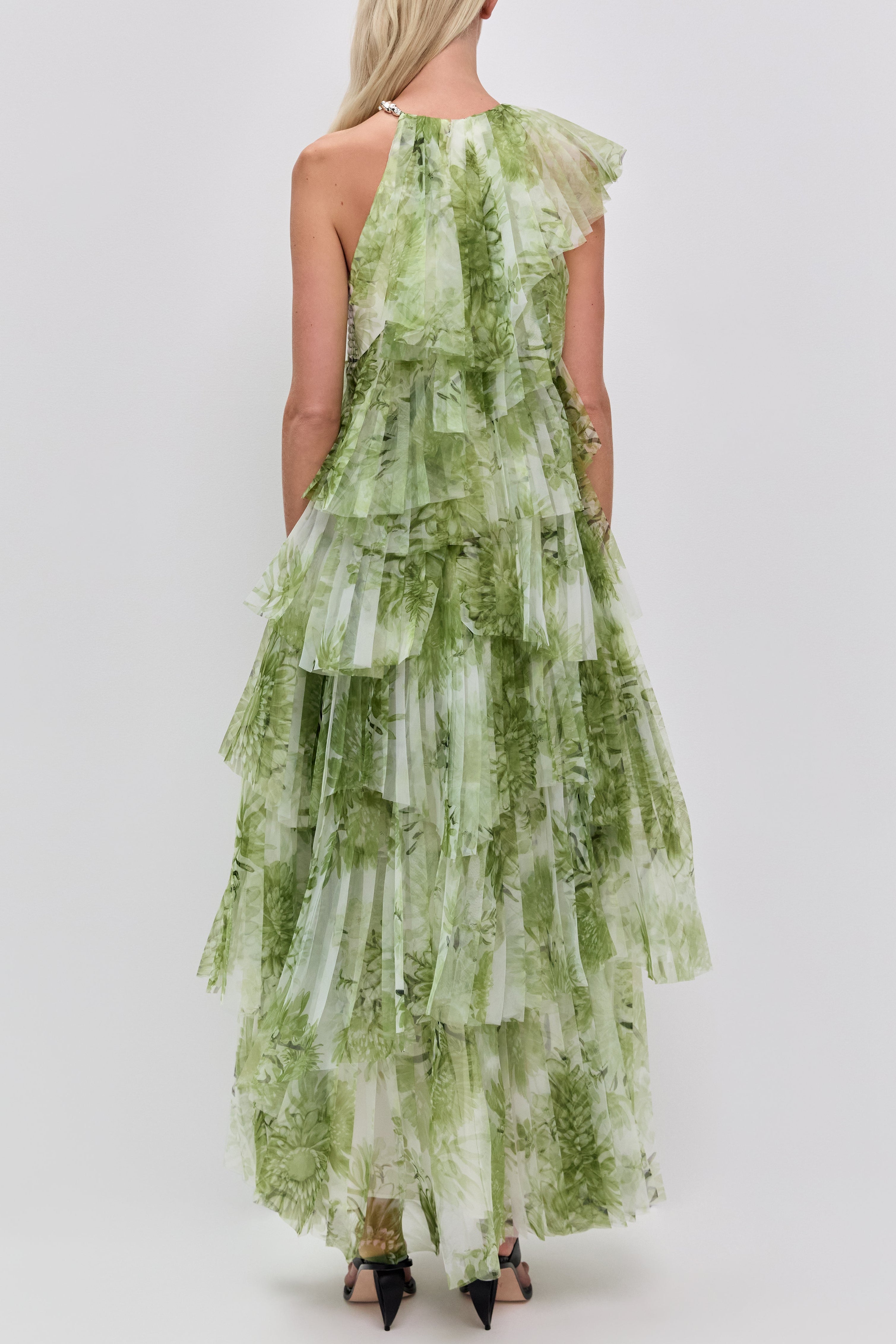 Claire Green Floral Print Pleated Layer Maxi Dress Avalabel