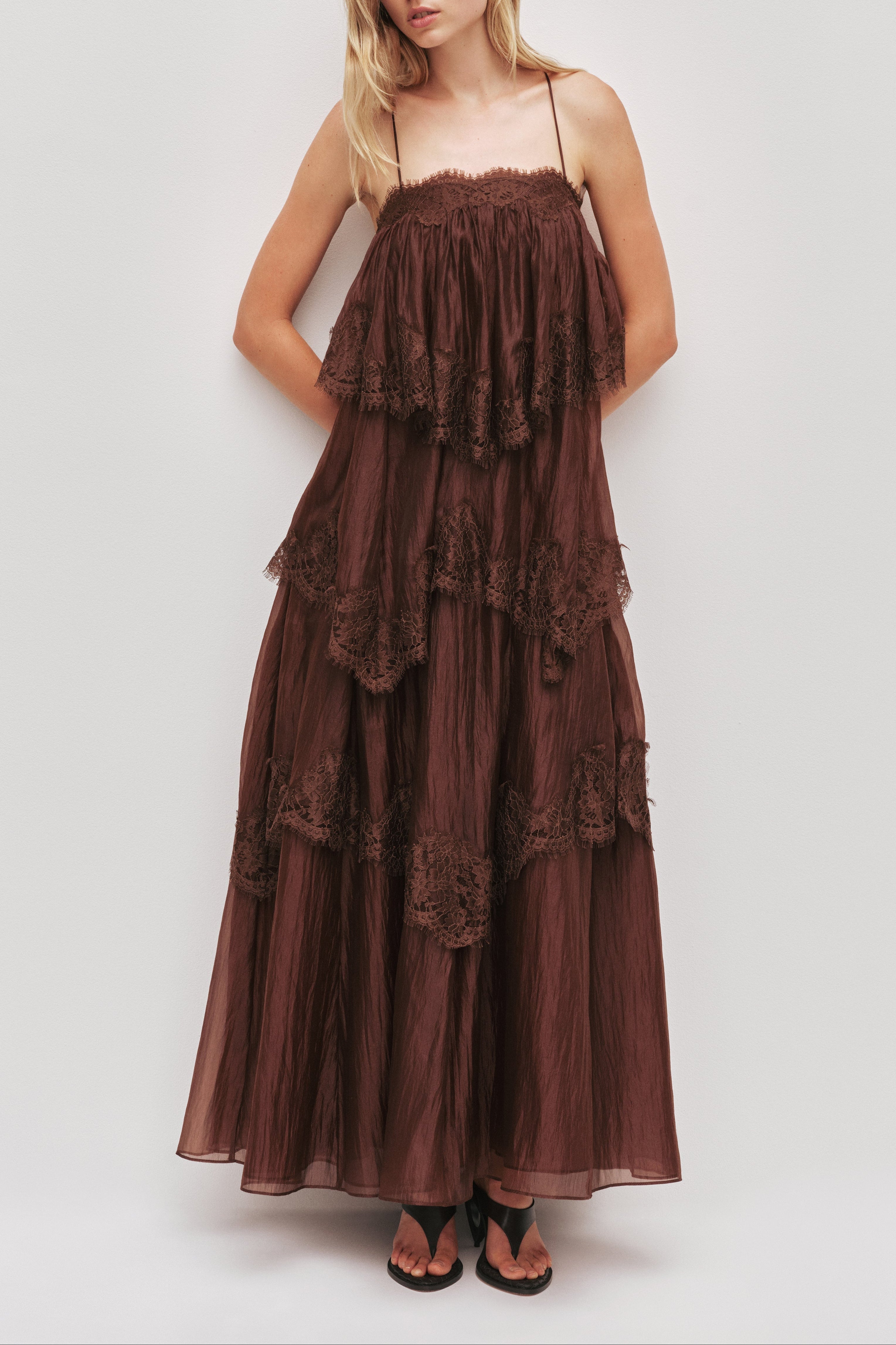 Chocolate Brown Tiered Lace Maxi Dress Avalabel