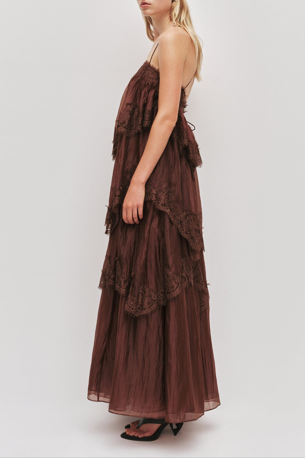 Chocolate Brown Tiered Lace Maxi Dress Avalabel