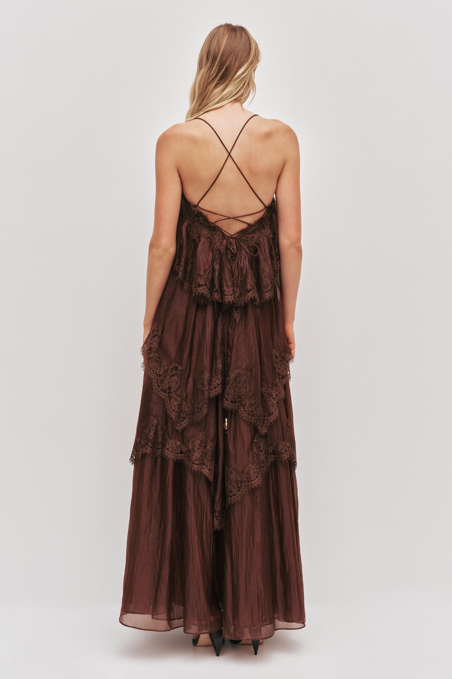 Chocolate Brown Tiered Lace Maxi Dress Avalabel