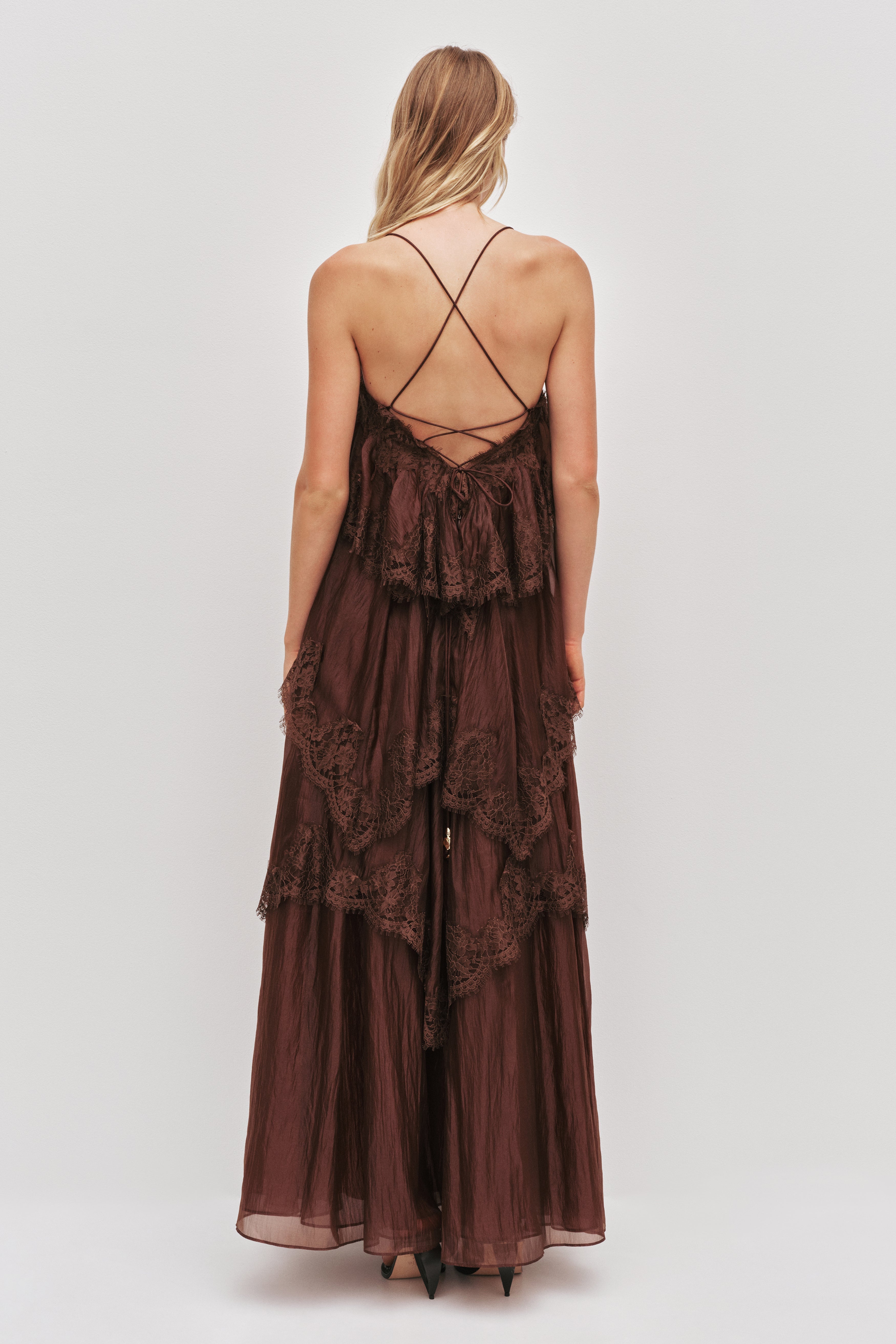 Chocolate Brown Tiered Lace Maxi Dress Avalabel